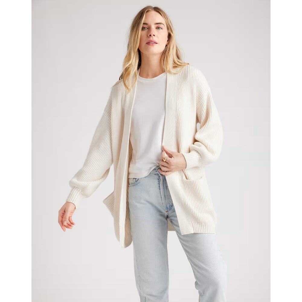 EUC Quince White Women's Knit Cardigan Sweater 100% Organic Cotton with Pockets
